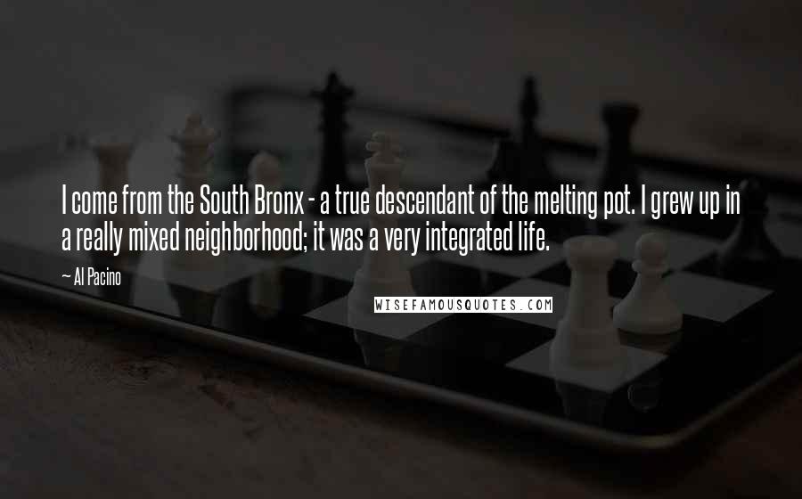 Al Pacino Quotes: I come from the South Bronx - a true descendant of the melting pot. I grew up in a really mixed neighborhood; it was a very integrated life.