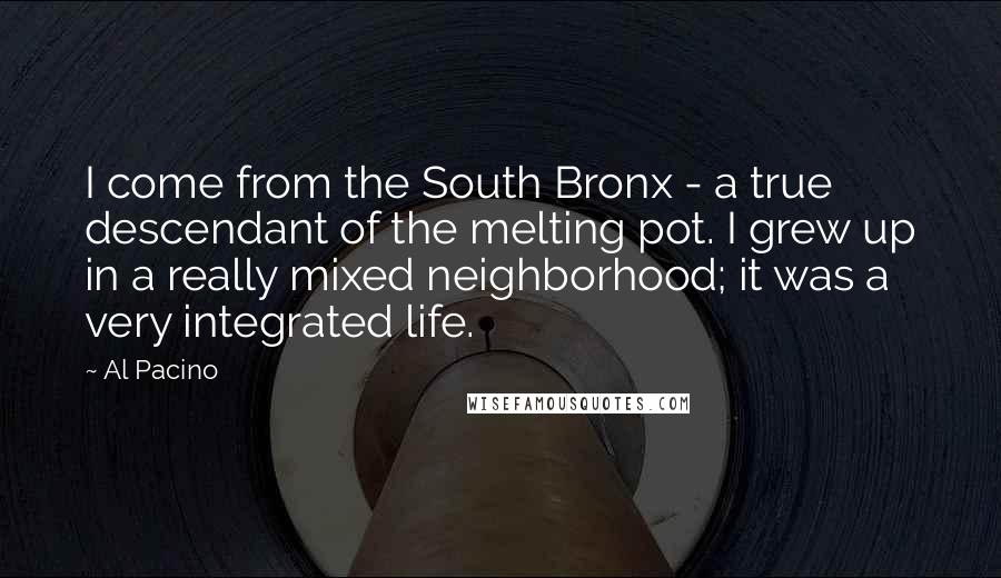 Al Pacino Quotes: I come from the South Bronx - a true descendant of the melting pot. I grew up in a really mixed neighborhood; it was a very integrated life.