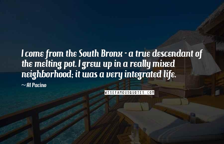 Al Pacino Quotes: I come from the South Bronx - a true descendant of the melting pot. I grew up in a really mixed neighborhood; it was a very integrated life.