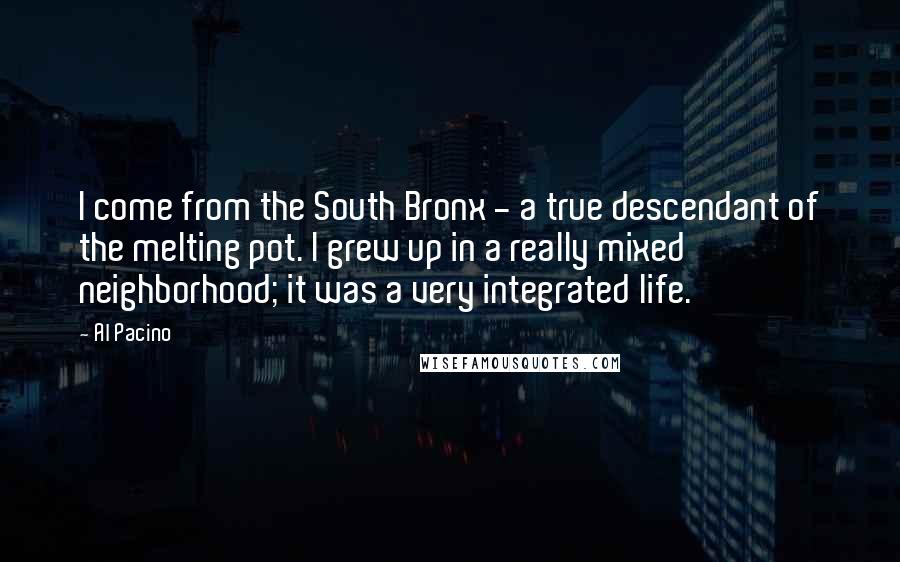 Al Pacino Quotes: I come from the South Bronx - a true descendant of the melting pot. I grew up in a really mixed neighborhood; it was a very integrated life.