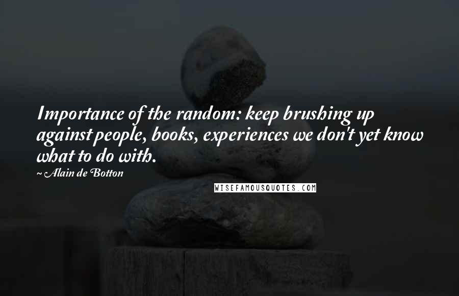 Alain De Botton Quotes: Importance of the random: keep brushing up against people, books, experiences we don't yet know what to do with.