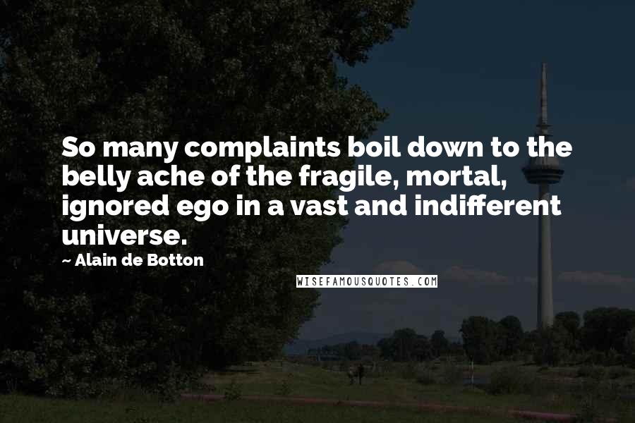 Alain De Botton Quotes: So many complaints boil down to the belly ache of the fragile, mortal, ignored ego in a vast and indifferent universe.