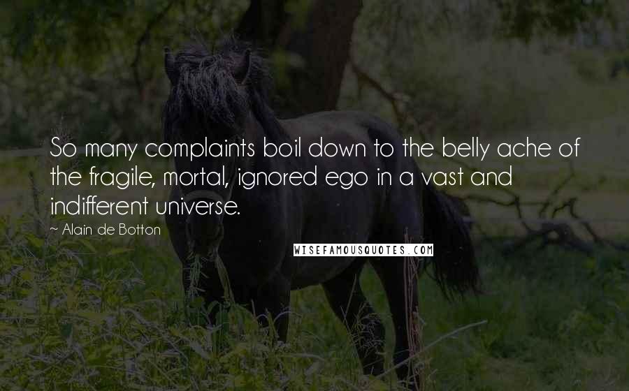 Alain De Botton Quotes: So many complaints boil down to the belly ache of the fragile, mortal, ignored ego in a vast and indifferent universe.