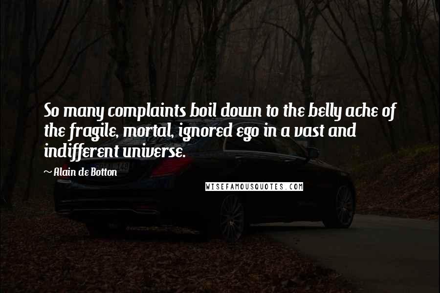 Alain De Botton Quotes: So many complaints boil down to the belly ache of the fragile, mortal, ignored ego in a vast and indifferent universe.