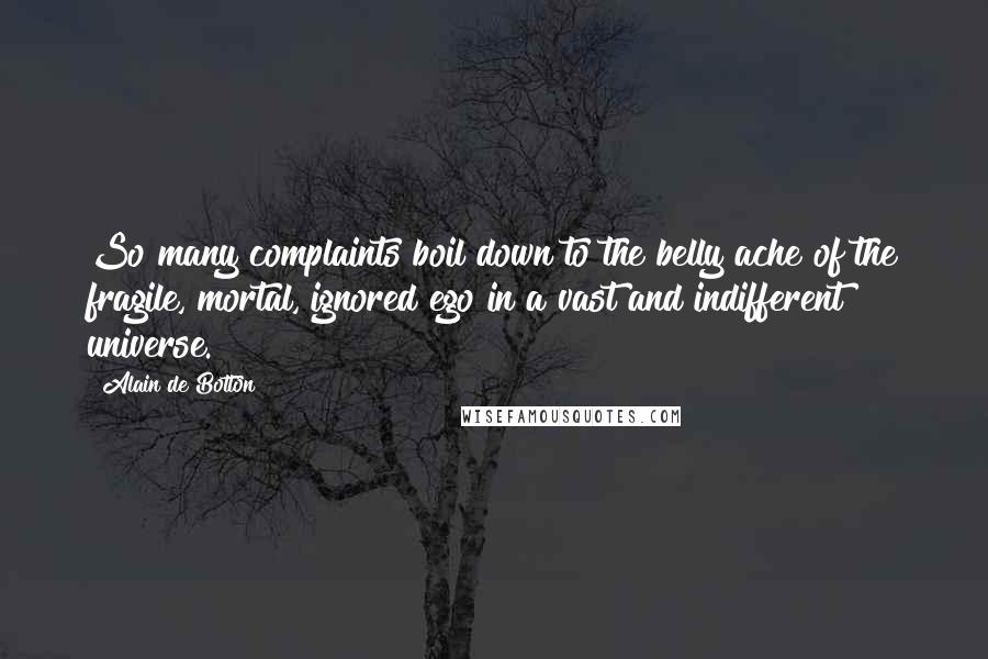 Alain De Botton Quotes: So many complaints boil down to the belly ache of the fragile, mortal, ignored ego in a vast and indifferent universe.