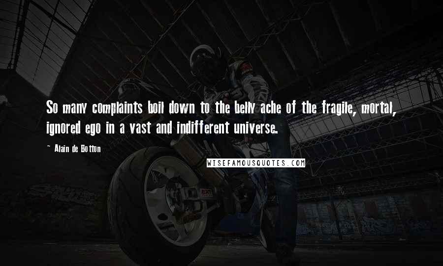 Alain De Botton Quotes: So many complaints boil down to the belly ache of the fragile, mortal, ignored ego in a vast and indifferent universe.