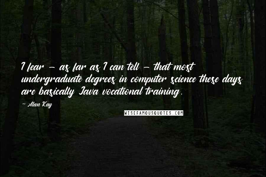 Alan Kay Quotes: I fear - as far as I can tell - that most undergraduate degrees in computer science these days are basically Java vocational training.