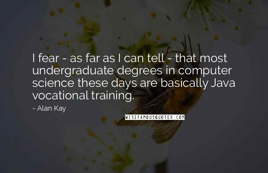 Alan Kay Quotes: I fear - as far as I can tell - that most undergraduate degrees in computer science these days are basically Java vocational training.