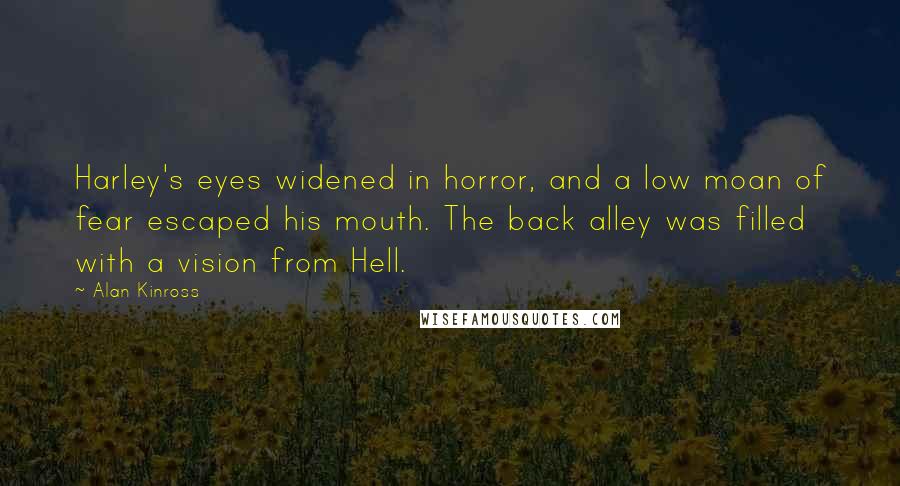 Alan Kinross Quotes: Harley's eyes widened in horror, and a low moan of fear escaped his mouth. The back alley was filled with a vision from Hell.