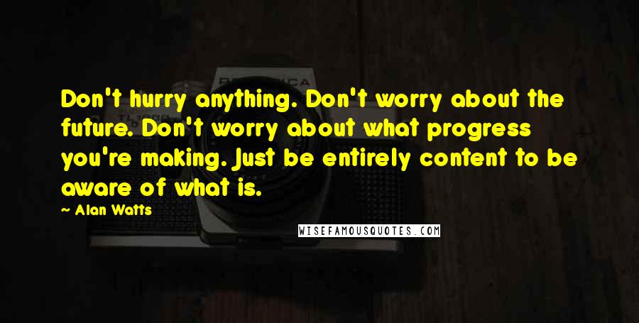 Alan Watts Quotes: Don't hurry anything. Don't worry about the future. Don't worry about what progress you're making. Just be entirely content to be aware of what is.