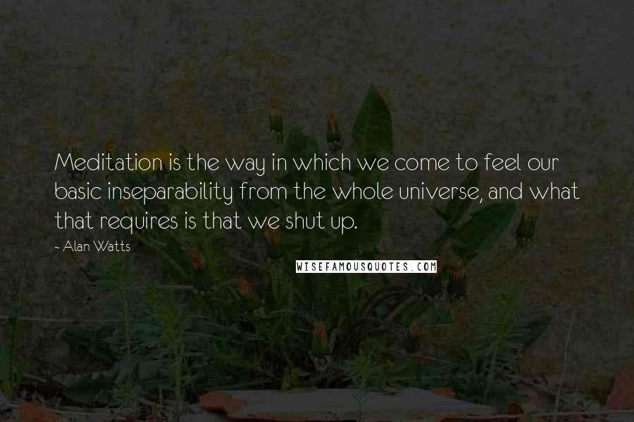 Alan Watts Quotes: Meditation is the way in which we come to feel our basic inseparability from the whole universe, and what that requires is that we shut up.