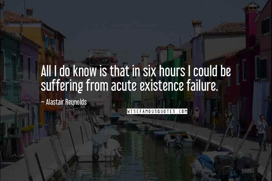 Alastair Reynolds Quotes: All I do know is that in six hours I could be suffering from acute existence failure.