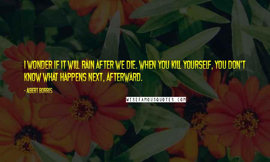 Albert Borris Quotes: I wonder if it will rain after we die. When you kill yourself, you don't know what happens next, afterward.