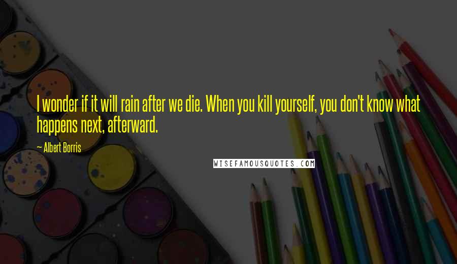 Albert Borris Quotes: I wonder if it will rain after we die. When you kill yourself, you don't know what happens next, afterward.