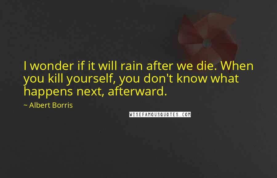 Albert Borris Quotes: I wonder if it will rain after we die. When you kill yourself, you don't know what happens next, afterward.