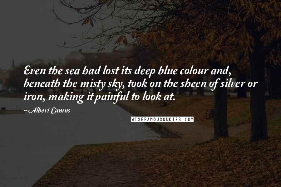 Albert Camus Quotes: Even the sea had lost its deep blue colour and, beneath the misty sky, took on the sheen of silver or iron, making it painful to look at.