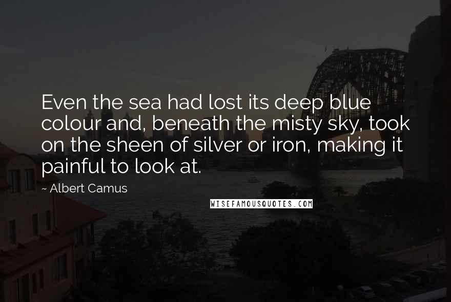 Albert Camus Quotes: Even the sea had lost its deep blue colour and, beneath the misty sky, took on the sheen of silver or iron, making it painful to look at.