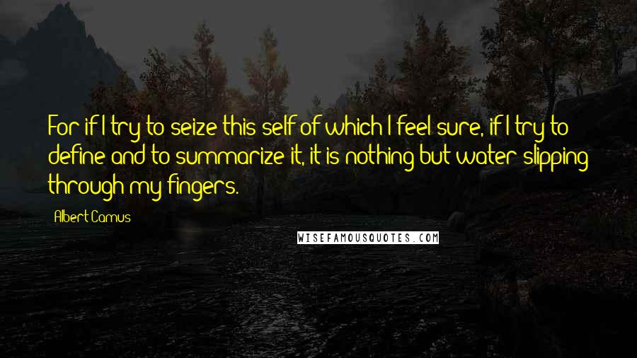 Albert Camus Quotes: For if I try to seize this self of which I feel sure, if I try to define and to summarize it, it is nothing but water slipping through my fingers.