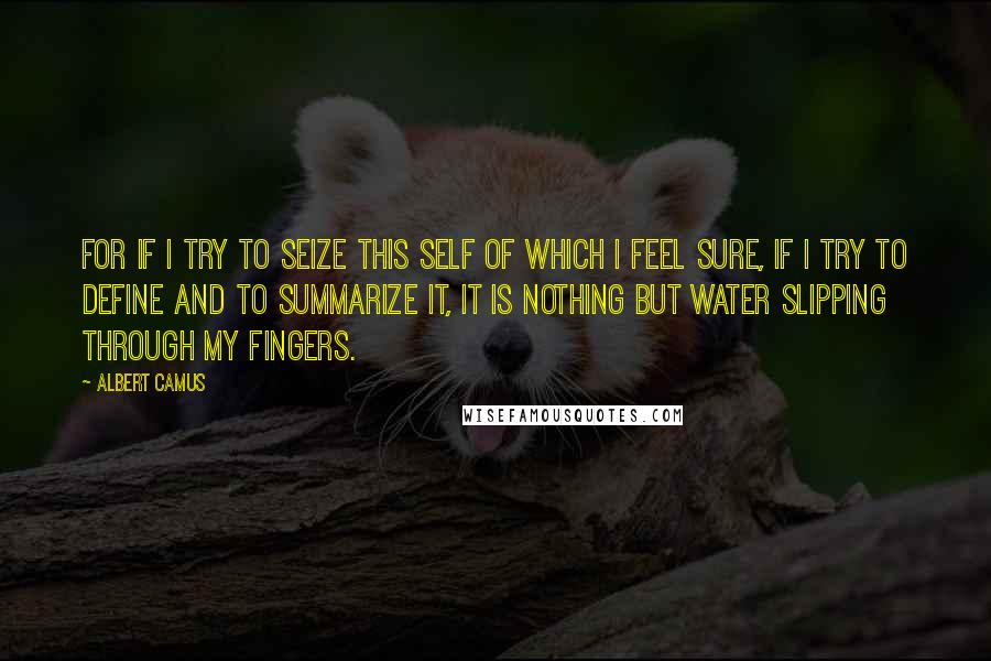 Albert Camus Quotes: For if I try to seize this self of which I feel sure, if I try to define and to summarize it, it is nothing but water slipping through my fingers.