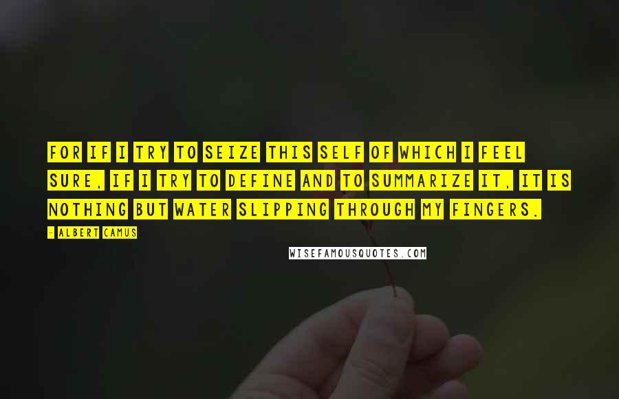 Albert Camus Quotes: For if I try to seize this self of which I feel sure, if I try to define and to summarize it, it is nothing but water slipping through my fingers.