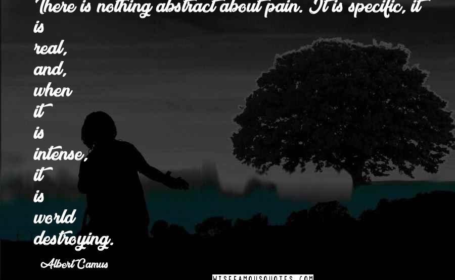 Albert Camus Quotes: There is nothing abstract about pain. It is specific, it is real, and, when it is intense, it is world destroying.