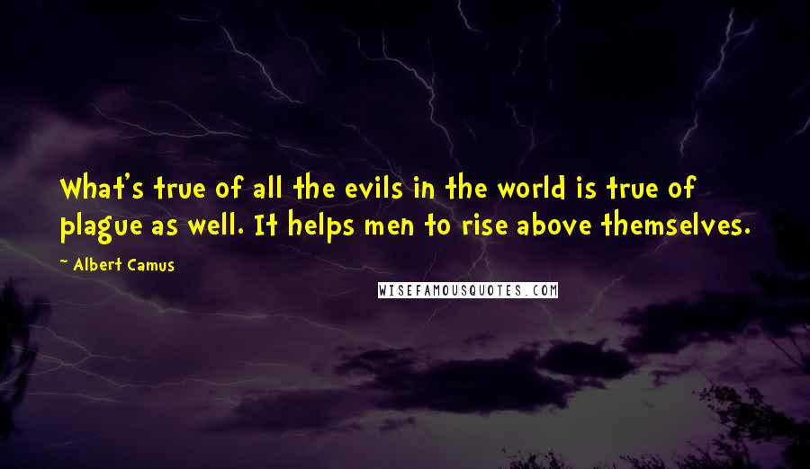 Albert Camus Quotes: What's true of all the evils in the world is true of plague as well. It helps men to rise above themselves.