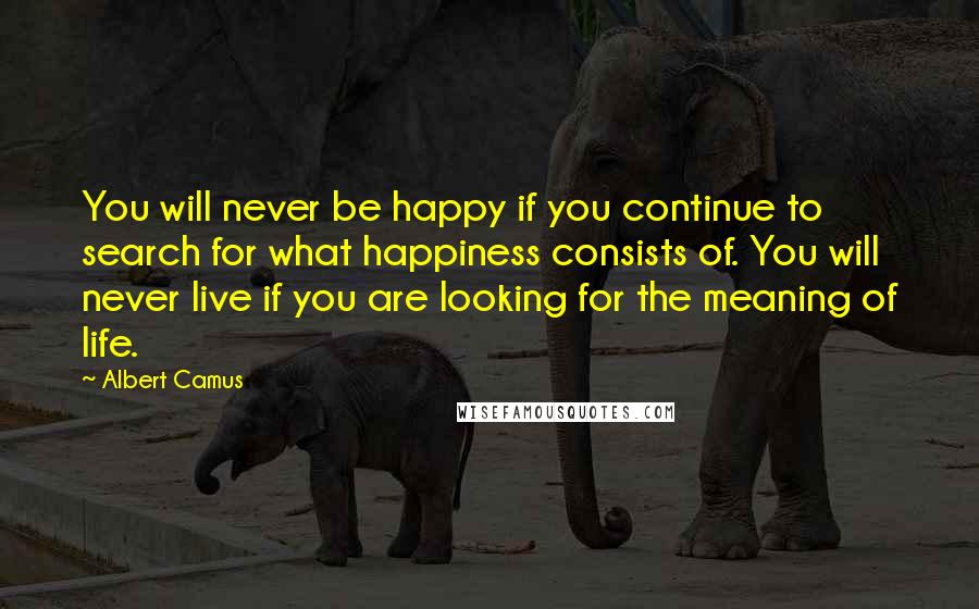 Albert Camus Quotes: You will never be happy if you continue to search for what happiness consists of. You will never live if you are looking for the meaning of life.