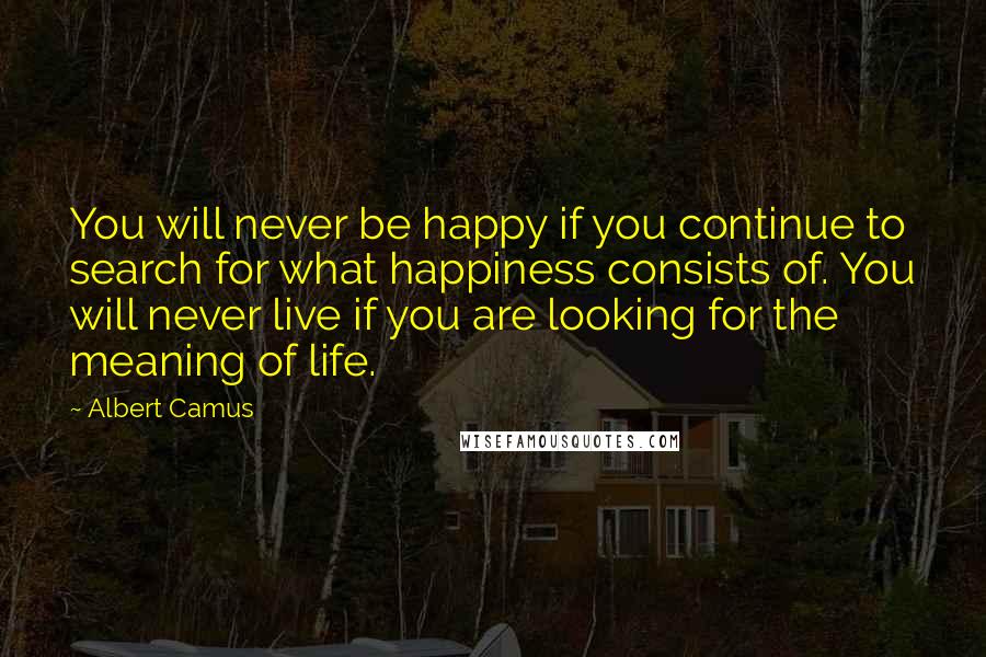 Albert Camus Quotes: You will never be happy if you continue to search for what happiness consists of. You will never live if you are looking for the meaning of life.