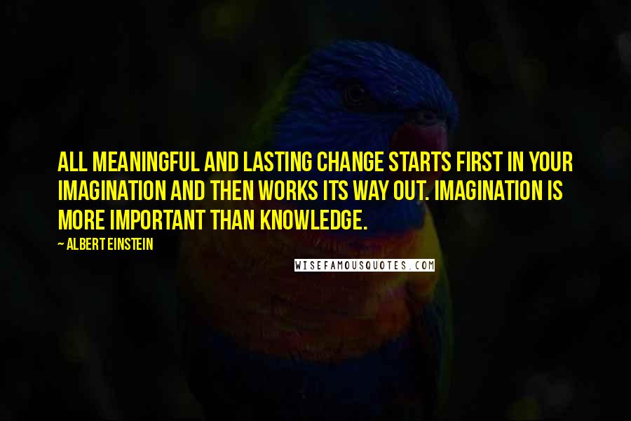 Albert Einstein Quotes: All meaningful and lasting change starts first in your imagination and then works its way out. Imagination is more important than knowledge.