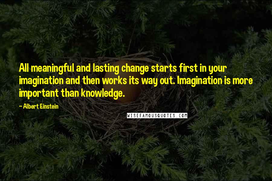 Albert Einstein Quotes: All meaningful and lasting change starts first in your imagination and then works its way out. Imagination is more important than knowledge.