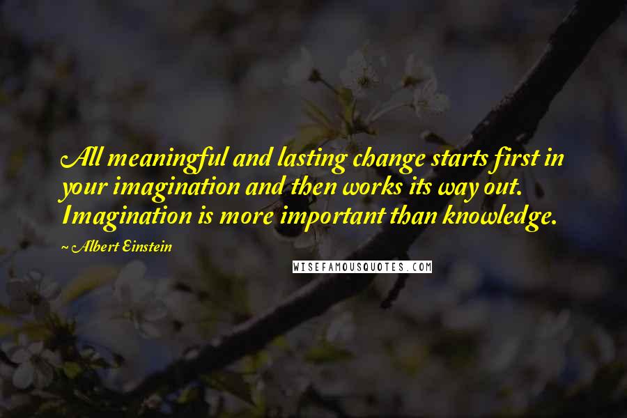 Albert Einstein Quotes: All meaningful and lasting change starts first in your imagination and then works its way out. Imagination is more important than knowledge.