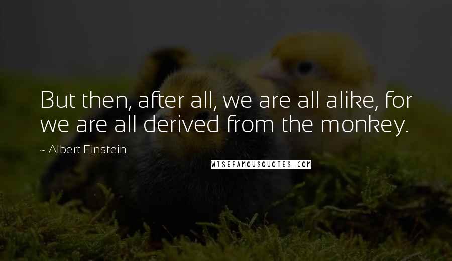 Albert Einstein Quotes: But then, after all, we are all alike, for we are all derived from the monkey.