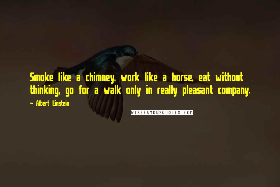 Albert Einstein Quotes: Smoke like a chimney, work like a horse, eat without thinking, go for a walk only in really pleasant company.