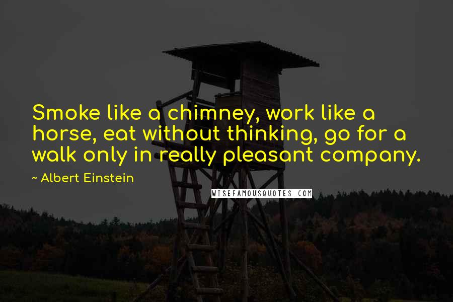 Albert Einstein Quotes: Smoke like a chimney, work like a horse, eat without thinking, go for a walk only in really pleasant company.