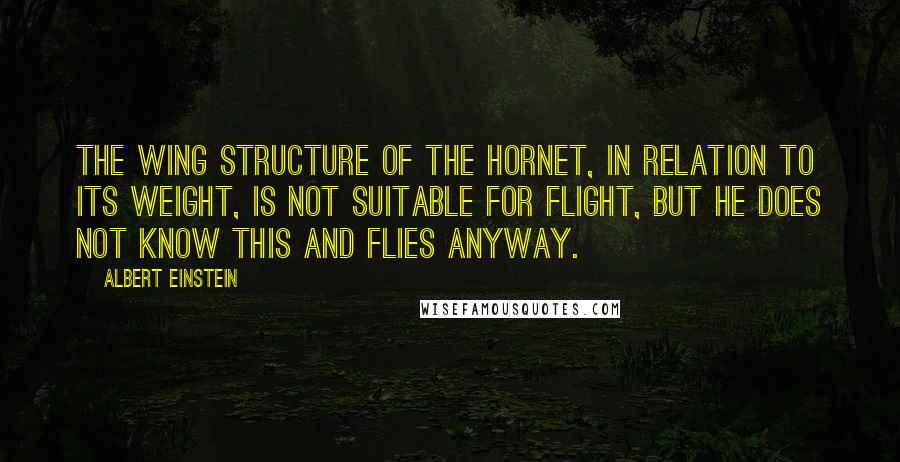 Albert Einstein Quotes: The wing structure of the hornet, in relation to its weight, is not suitable for flight, but he does not know this and flies anyway.