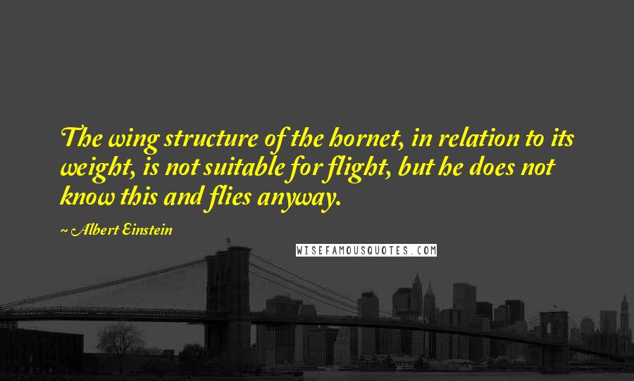 Albert Einstein Quotes: The wing structure of the hornet, in relation to its weight, is not suitable for flight, but he does not know this and flies anyway.