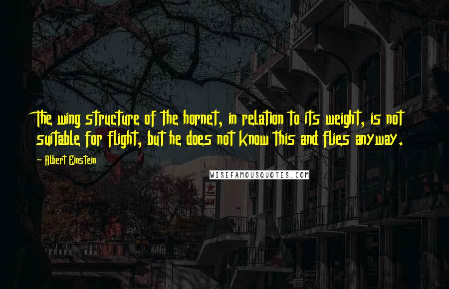 Albert Einstein Quotes: The wing structure of the hornet, in relation to its weight, is not suitable for flight, but he does not know this and flies anyway.