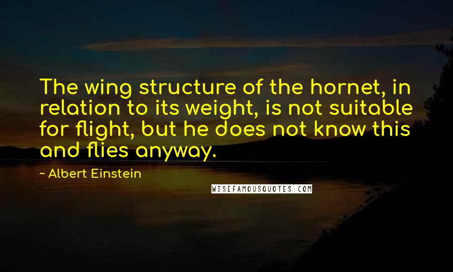 Albert Einstein Quotes: The wing structure of the hornet, in relation to its weight, is not suitable for flight, but he does not know this and flies anyway.