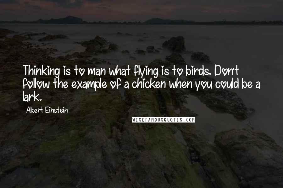 Albert Einstein Quotes: Thinking is to man what flying is to birds. Don't follow the example of a chicken when you could be a lark.