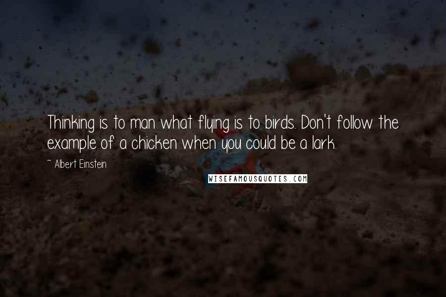 Albert Einstein Quotes: Thinking is to man what flying is to birds. Don't follow the example of a chicken when you could be a lark.