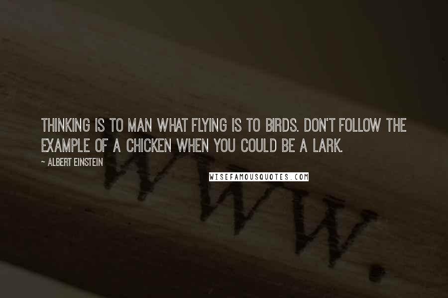 Albert Einstein Quotes: Thinking is to man what flying is to birds. Don't follow the example of a chicken when you could be a lark.