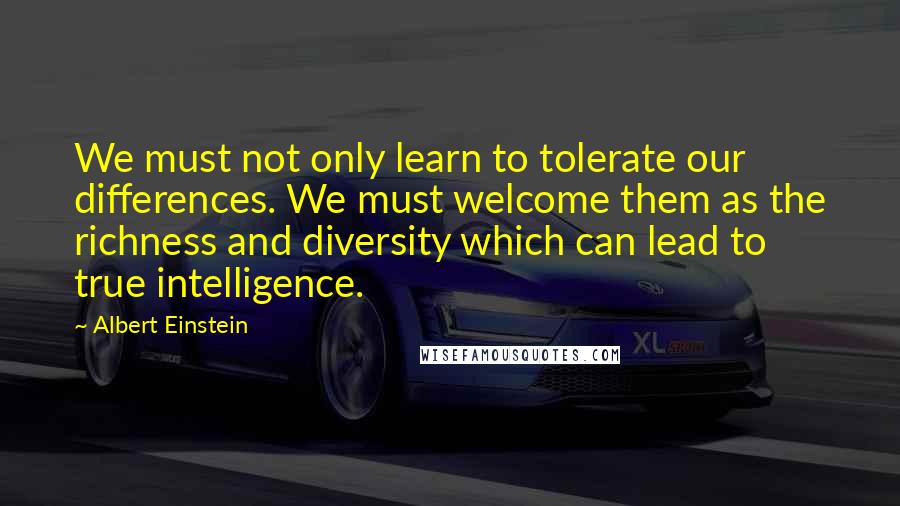 Albert Einstein Quotes: We must not only learn to tolerate our differences. We must welcome them as the richness and diversity which can lead to true intelligence.