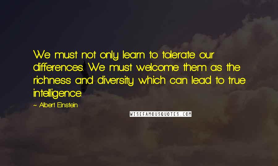 Albert Einstein Quotes: We must not only learn to tolerate our differences. We must welcome them as the richness and diversity which can lead to true intelligence.