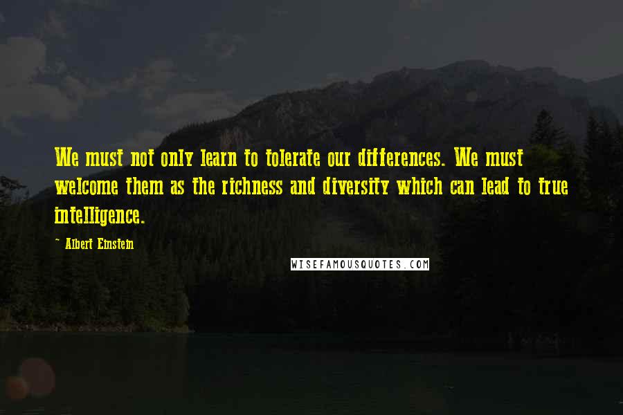 Albert Einstein Quotes: We must not only learn to tolerate our differences. We must welcome them as the richness and diversity which can lead to true intelligence.