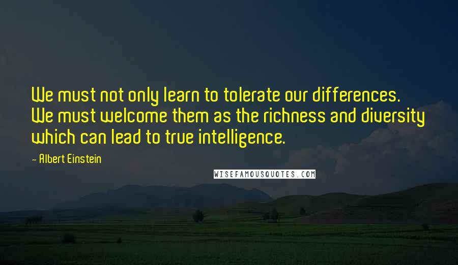 Albert Einstein Quotes: We must not only learn to tolerate our differences. We must welcome them as the richness and diversity which can lead to true intelligence.