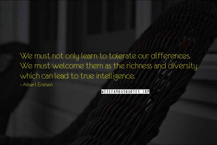 Albert Einstein Quotes: We must not only learn to tolerate our differences. We must welcome them as the richness and diversity which can lead to true intelligence.