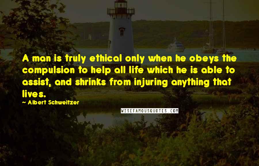 Albert Schweitzer Quotes: A man is truly ethical only when he obeys the compulsion to help all life which he is able to assist, and shrinks from injuring anything that lives.