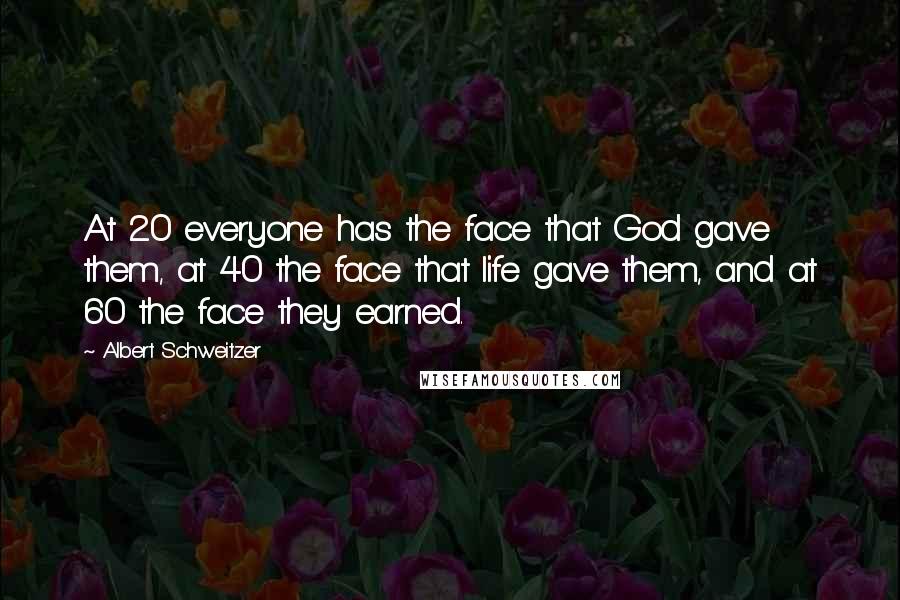 Albert Schweitzer Quotes: At 20 everyone has the face that God gave them, at 40 the face that life gave them, and at 60 the face they earned.