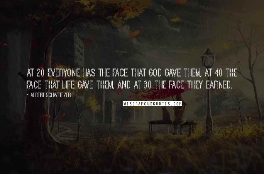 Albert Schweitzer Quotes: At 20 everyone has the face that God gave them, at 40 the face that life gave them, and at 60 the face they earned.