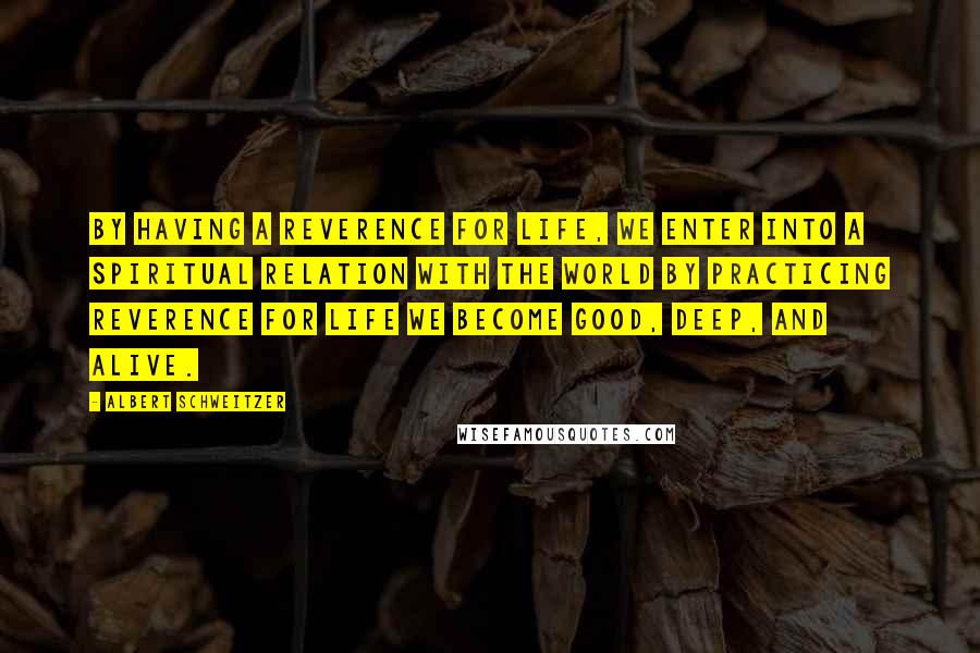 Albert Schweitzer Quotes: By having a reverence for life, we enter into a spiritual relation with the world By practicing reverence for life we become good, deep, and alive.